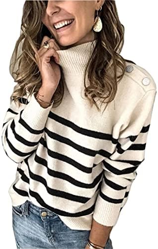 KIRUNDO Women’s 2023 Fall Winter Long Sleeve Knit Sweater Turtleneck Striped Loose Pullover Tops Deco with Metal Buttons