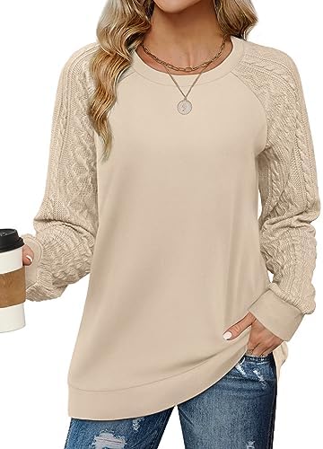 Saloogoe Sweatshirts for Women Crewneck Cable Knit Sleeve Sweaters Lightweight Fashion 2023