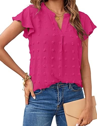 MEROKEETY Women 2023 Summer V Neck Ruffle Short Sleeve Blouse Swiss Dot Flowy Shirt Tunic Top