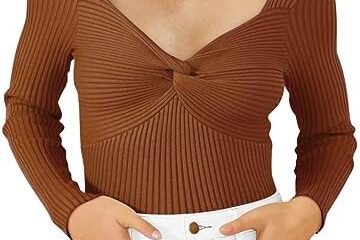 LILLUSORY Women’s 2023 Fall Sexy Twist Knot Top Ribbed Knit T Shirts Tops Cute Sweater Long Sleeve Tee Shirt Blouse