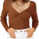 LILLUSORY Women’s 2023 Fall Sexy Twist Knot Top Ribbed Knit T Shirts Tops Cute Sweater Long Sleeve Tee Shirt Blouse