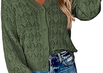 Dokotoo Cropped Cardigan Sweaters for Women Long Sleeve Crochet Knit Shrug Open Front V-Neck Button up Tops