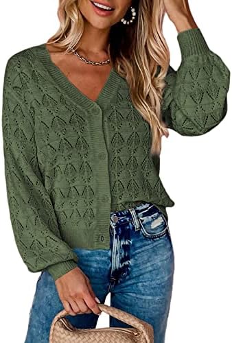 Dokotoo Cropped Cardigan Sweaters for Women Long Sleeve Crochet Knit Shrug Open Front V-Neck Button up Tops