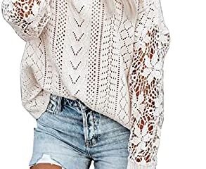 AlvaQ Women’s 2023 Lace Crochet Sweater Summer Fall Lightweight Crewneck Knit Sweaters Pullover Jumper Tops