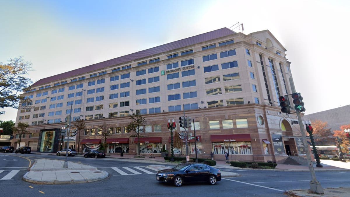 An outside shot of the Embassy Suites in Friendship Heights