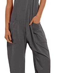 Lentta Women’s Causal Jumpsuits V Neck Sleeveless Harem Overalls Stretchy Adjustable Strap Romper with Pockets