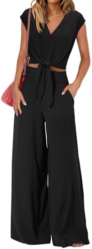 PRETTYGARDEN Women’s Summer 2 Piece Outfits 2024 Cap Sleeve V Neck Belted Crop Tops Wide Leg Pant Sets Casual Tracksuit