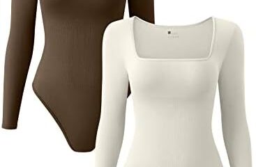 OQQ Women’s 2 Piece Bodysuits Sexy Ribbed One Piece Square Neck Long Sleeve Bodysuits