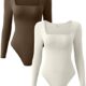 OQQ Women’s 2 Piece Bodysuits Sexy Ribbed One Piece Square Neck Long Sleeve Bodysuits
