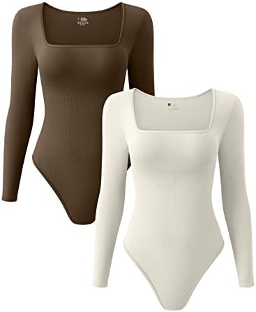 OQQ Women’s 2 Piece Bodysuits Sexy Ribbed One Piece Square Neck Long Sleeve Bodysuits