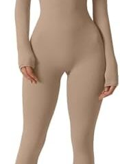 QINSEN Womens Sexy Square Neck Long Sleeve Full Length Leggings Bodycon Stretch Jumpsuit