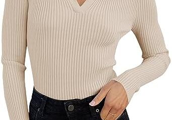 ZESICA Women’s 2024 Fall V Neck Shirts Long Sleeve Ribbed Knit Sweater Lapel Slim Fitted Casual Basic Tee Tops