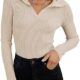 ZESICA Women’s 2024 Fall V Neck Shirts Long Sleeve Ribbed Knit Sweater Lapel Slim Fitted Casual Basic Tee Tops