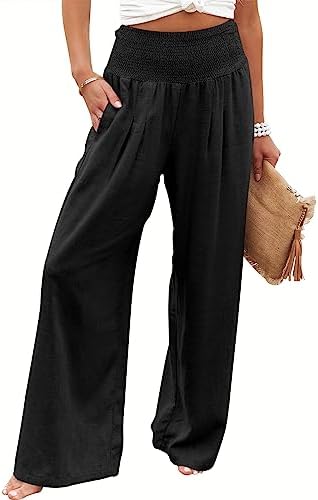 ANRABESS Women Linen Palazzo Pants Summer Boho Wide Leg High Waist Casual Lounge Pant Trousers with Pockets