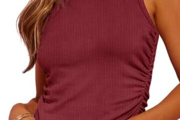 Dokotoo Womens Tank Tops Summer Sleeveless High Neck Ribbed Knit Slim Fitted Blouse Side Ruched Basic Tees Shirts