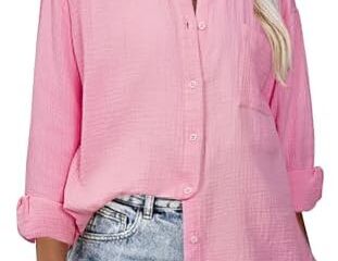 siliteelon Womens Button Down Shirts Cotton Long Sleeve Blouse Oversized Boyfriend Collared Blouses Tops with Pocket