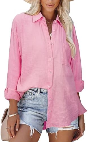 siliteelon Womens Button Down Shirts Cotton Long Sleeve Blouse Oversized Boyfriend Collared Blouses Tops with Pocket