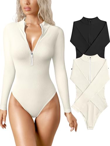 OQQ Women’s 2 Piece Bodysuits Sexy Ribbed One Piece Zip Front Long Sleeve Tops Bodysuits