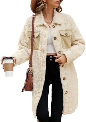 EVALESS Fuzzy Fleece Jackets for Women Fashion Long Sleeve Lapel Button Down Long Teddy Coat Faux Fur Warm Winter Outwear