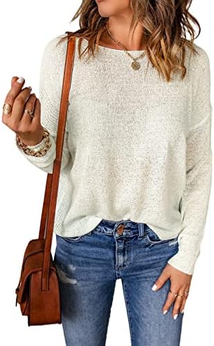 Acelitt Womens Casual Lightweight Long Sleeve Crewneck Drop Shoulder Knit Shirts Tops, S-XXL