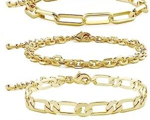 CONRAN KREMIX Gold Bracelet Sets for Women Girls 14K Real Gold Chain Dainty Link Paperclip Bracelets Stake Adjustable Layered Metal Link Bracelet Set Fashion Jewelry
