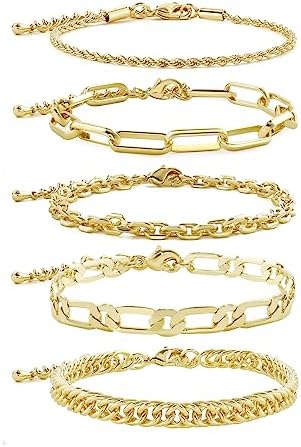 CONRAN KREMIX Gold Bracelet Sets for Women Girls 14K Real Gold Chain Dainty Link Paperclip Bracelets Stake Adjustable Layered Metal Link Bracelet Set Fashion Jewelry