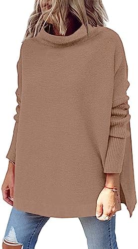 LILLUSORY Women’s Mock Turtleneck Sweater Long Batwing Sleeve Split Hem Casual Oversized Knit Pullover Tunic Tops
