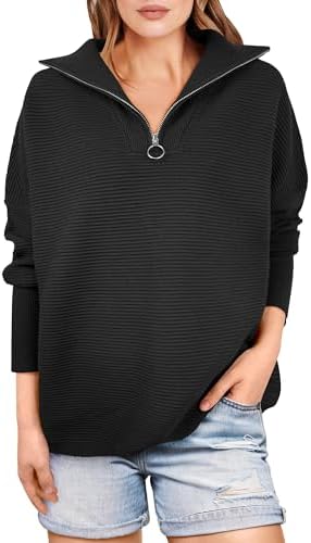ANRABESS Women’s Sweaters Quarter Zip Oversized Pullover Casual V Neck Collared Ribbed Knit Tunic 2023 Fashion Tops