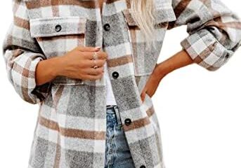 Beaully Women’s Flannel Plaid Shacket Long Sleeve Button Down Shirts Jacket Coats with Side Pockets
