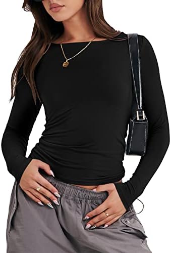 ANRABESS Women Long Sleeve Slim Fit Crop Top Going Out Tight T-Shirt Trendy Tees Streetwear