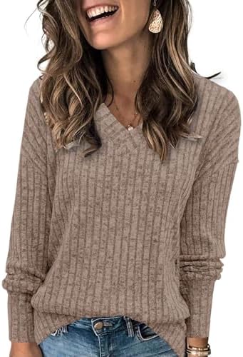 Heymiss Womens Sweatshirts V Neck Long Sleeve Shirts Loose Casual Fall Fashion Sweaters S-2XL