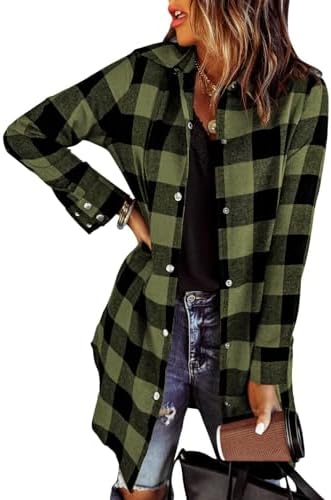 Zeagoo Flannel for Women 2023 Fall Fashion Long Sleeve Plaid Button Down Shirts Shacket Blouse Top with Pockets