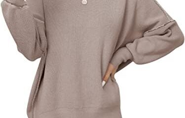 ANRABESS Women Crewneck Batwing Sleeve 2023 Fall Oversized Side Slit Ribbed Knit Pullover Sweater Top