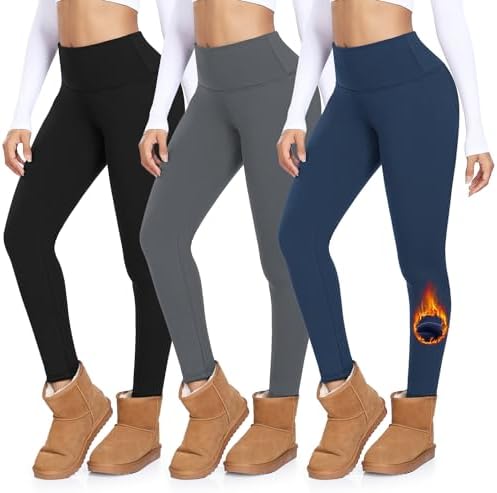 MOREFEEL 3 Pack Thermal Fleece Lined Leggings Women,High Waisted Tummy Control Warm Winter Yoga Workout Thick Pants