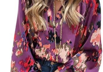 Dokotoo Womens Spring Tops 2024 Boho V Neck Abstract Print Lantern Long Sleeve Casual Loose Blouses Shirts