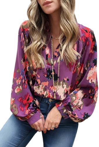 Dokotoo Womens Spring Tops 2024 Boho V Neck Abstract Print Lantern Long Sleeve Casual Loose Blouses Shirts