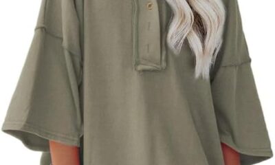 SHEWIN Women’s Fashion Oversized T Shirts Casual Short Sleeve Henley Neck Summer Tops Tees