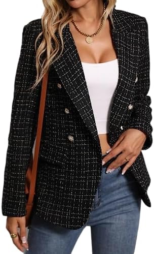 Mina Self Tweed Plaid Blazer for Women 2024 Open Front Business Work Jacket Suit with Pocket (S-XXL)