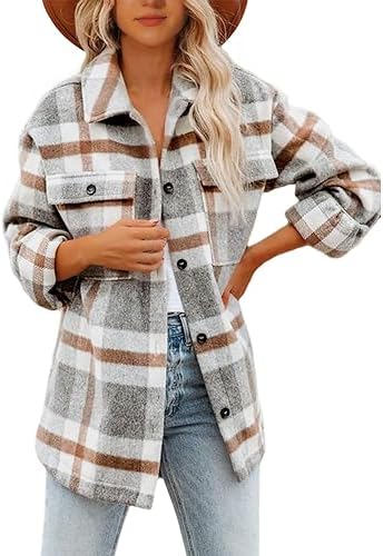 Lviefent Womens Casual Wool Blend Plaid Flannel Shackets Jacket Button Down Shirt Coat