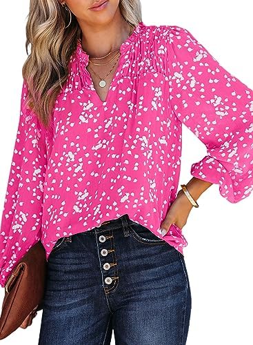 Dokotoo Women’s Casual V Neck Alicia Floral Print Smocked Long Sleeve Chiffon Blouses Bohemian Top Shirts