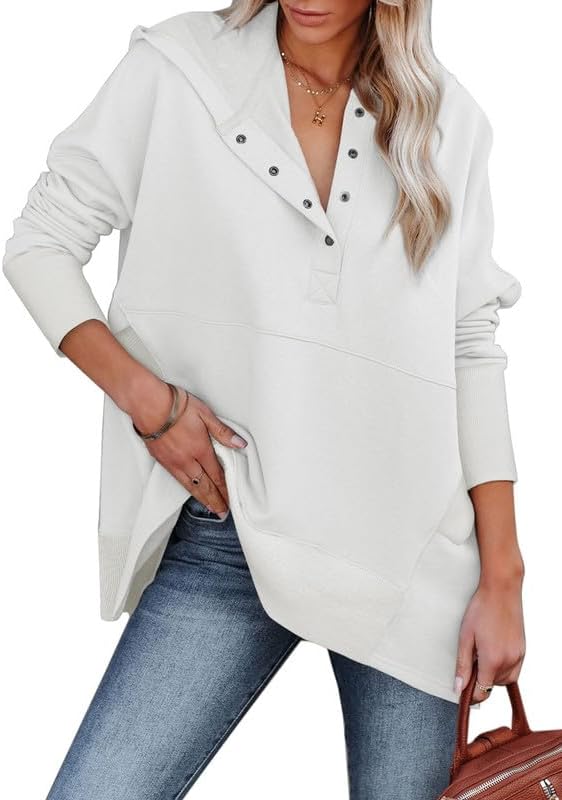 SHEWIN Womens Oversized Sweatshirt Hoodies Casual Button V Neck Hooded Pullover Tops with Pocket