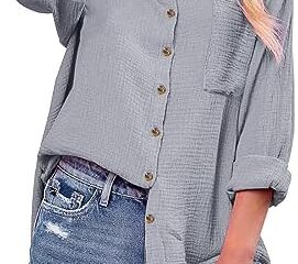 siliteelon Womens Button Down Shirts Cotton Long Sleeve Oversized Boyfriend Blouses Collared Dress Tops with Pockets – Gray XL