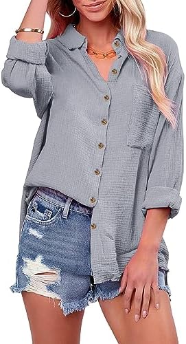 siliteelon Womens Button Down Shirts Cotton Long Sleeve Oversized Boyfriend Blouses Collared Dress Tops with Pockets – Gray XL