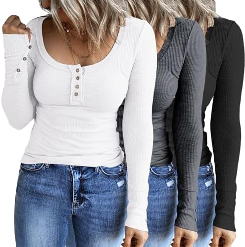 SUNBS Womens 3 Packs Long Sleeve Shirts Casual Fall Henley Tops Button Down s Basic Ribbed Knit T-Shirts