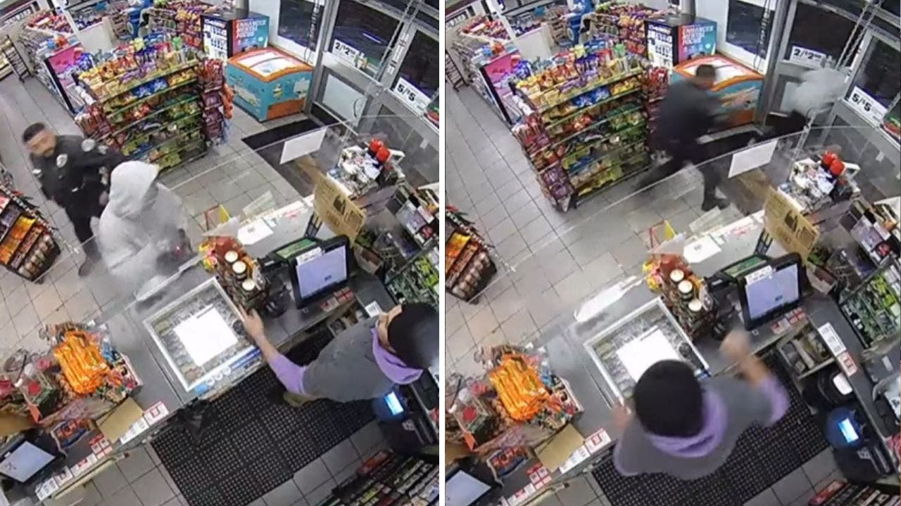 California police officer unknowingly walks into 7-Eleven armed robbery: video
