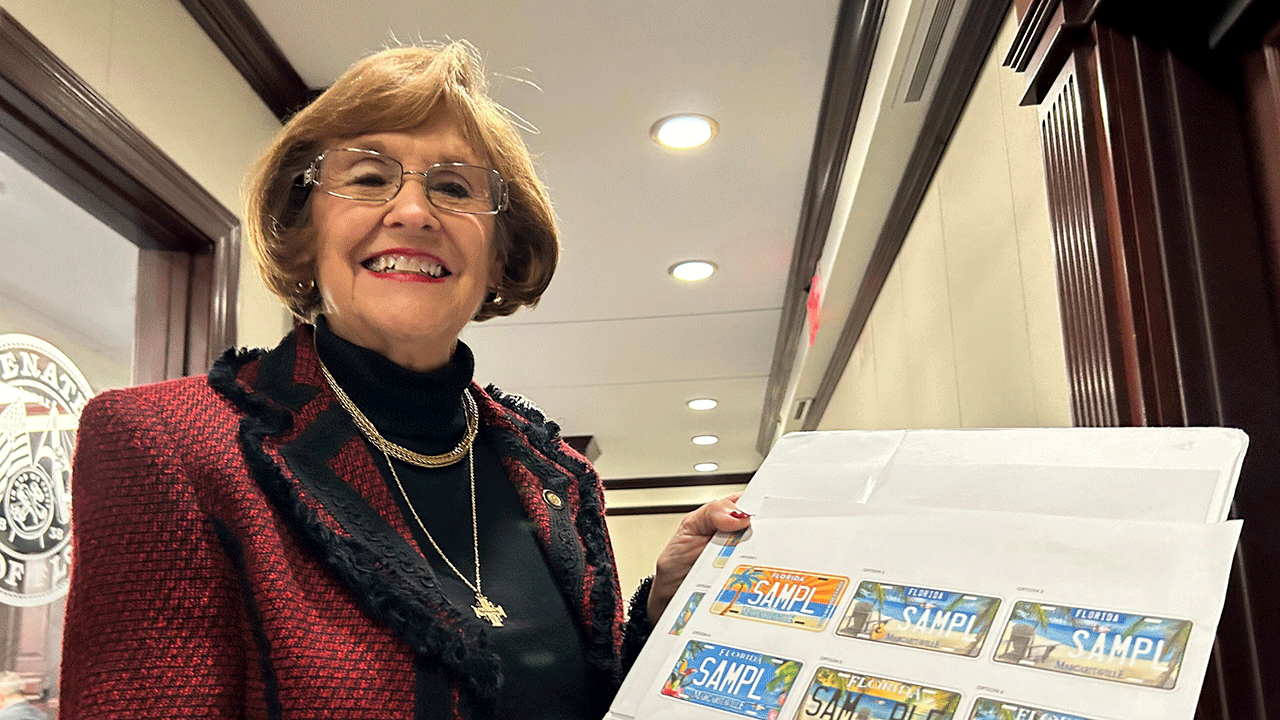 Florida Republican Sen. Gayle Harrell shows samples of a proposed specialty license plate