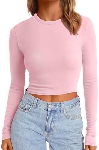 Trendy Queen Womens Long Sleeve Shirts Basic Ribbed Slim Fitted Tops Casual Fall Fashion Y2k Teen Girl Clothes
