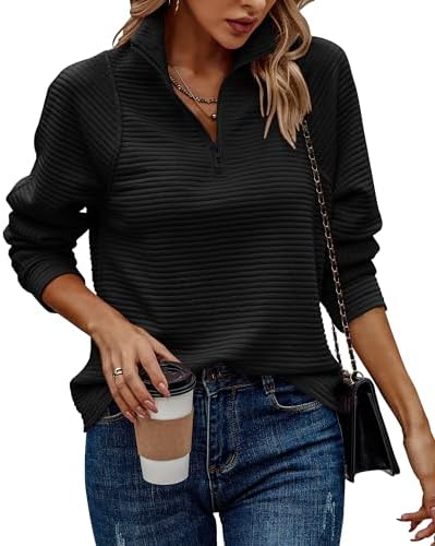BTFBM Womens 2023 Fall Fashion Quarter Zip Sweatshirts Half Zip Casual Long Sleeve Solid Color V Neck Pullover Tops