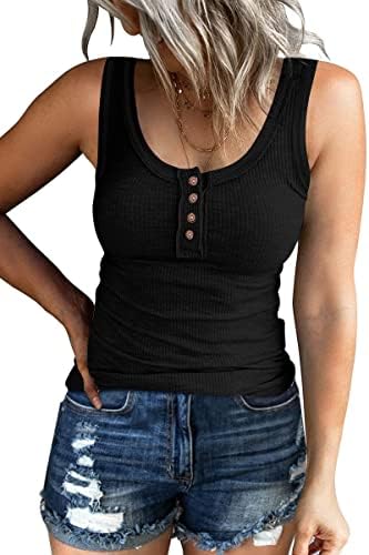 Kissfix Women Tank Tops Summer Casual Ribbed Sleeveless Basic Cami Top Slim Henley Button Down Blouses