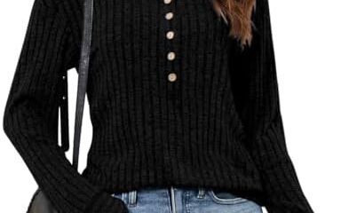 Micoson Women’s Fall Casual Long Sleeve Button Blouses Ribbed Knit Fashion Collared Oversized Loose Fit Tunic Tops